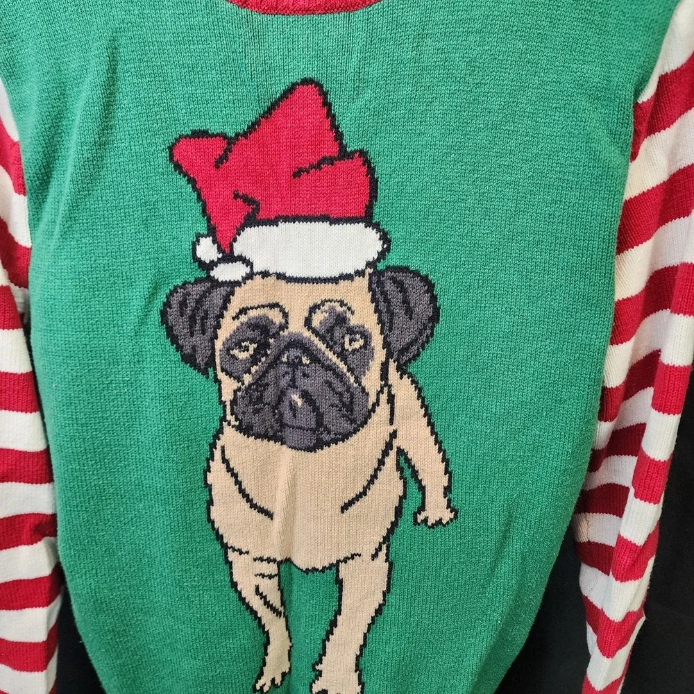 Ugly Christmas Sweater Santa Pug with Hat‎ Womens Medium Green Red Long Sleeve - Picture 2 of 6